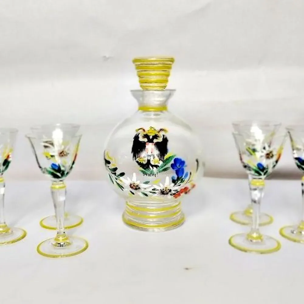 Vienna Wein Liquor Cordial Decanter 6 Shot Glasses Double Headed Eagle Crest
